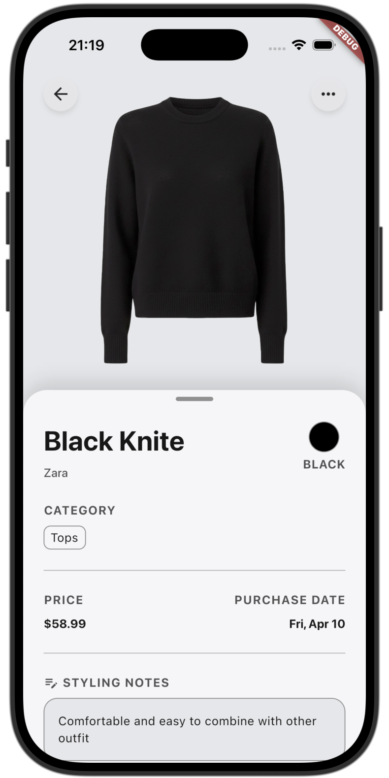 Wardrobe+ item detail screen for a black knit with price, date, and styling notes.