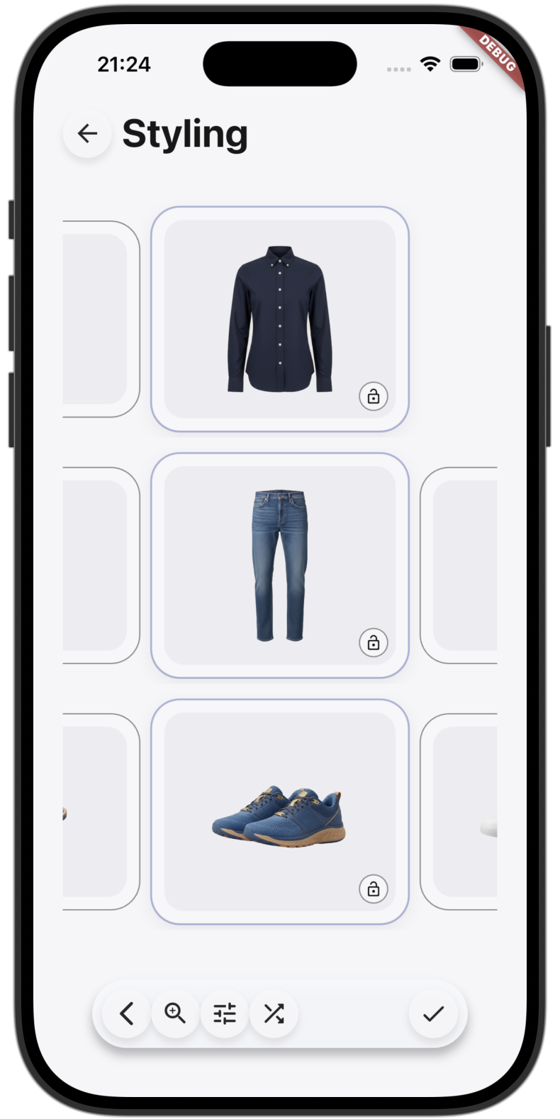Wardrobe+ styling workspace with selectable wardrobe items and action controls.